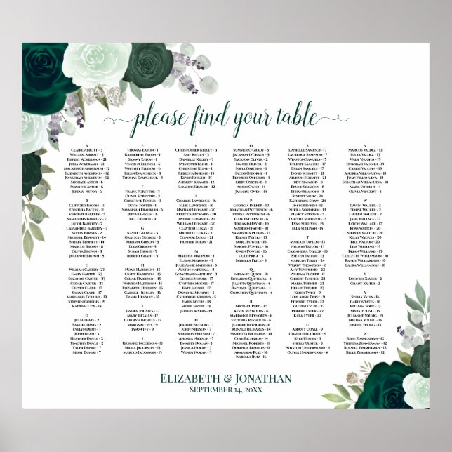 Poster Carte de siège alphabétique Emerald Green Floral (Devant)