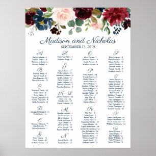 Poster Carte de siège alphabétique floral Marine et Marsa