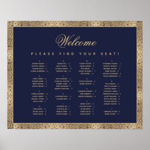 Poster Carte de siège alphabétique Marine Blue Gold Roses