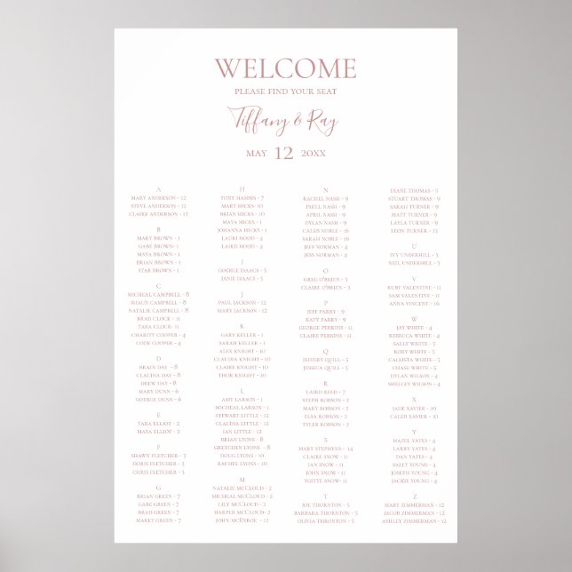 Poster Carte de siège alphabétique Rose simple (Devant)