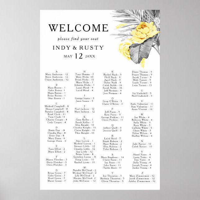 Poster Carte de siège alphabétique tropicale moderne (Devant)