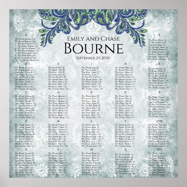 Poster Carte de siège de la réception couleur bleu Paisle (Devant)