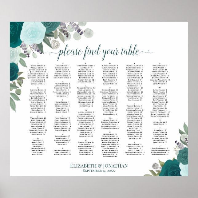 Poster Carte de siège de Mariage alphabétique Rose Boho t (Devant)
