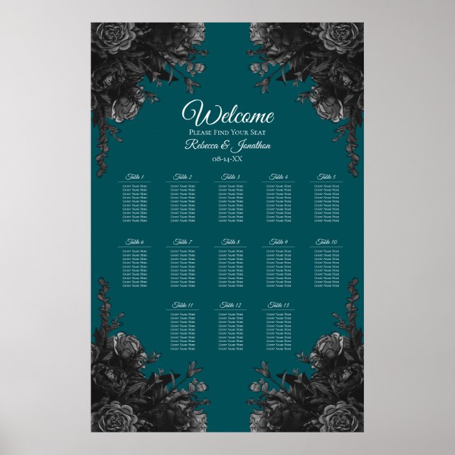 Poster Carte de siège de Mariage gothique gris-noir turqu (Devant)