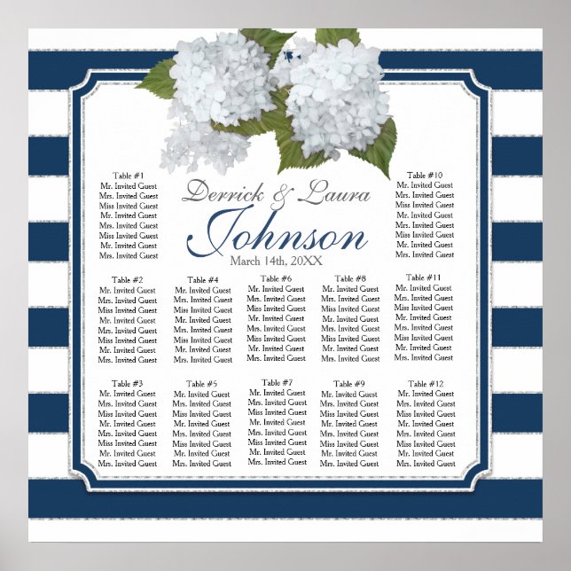 Poster Carte de siège de réception Marine White Hydrangea (Devant)