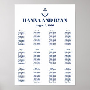 Poster Carte de siège du Mariage Ancre bleu marine