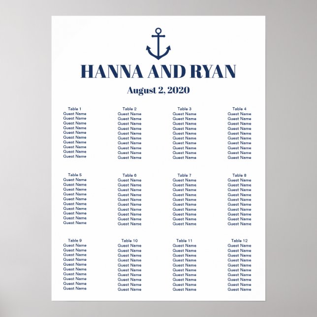 Poster Carte de siège du Mariage Ancre bleu marine (Devant)