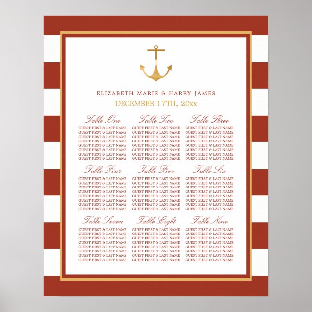 Poster Carte de siège du Mariage d'Ancre d'or nautique vi (Devant)