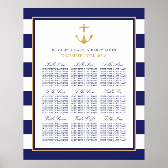 Poster Carte de siège du Mariage d'Ancre d'or nautique vi (Devant)