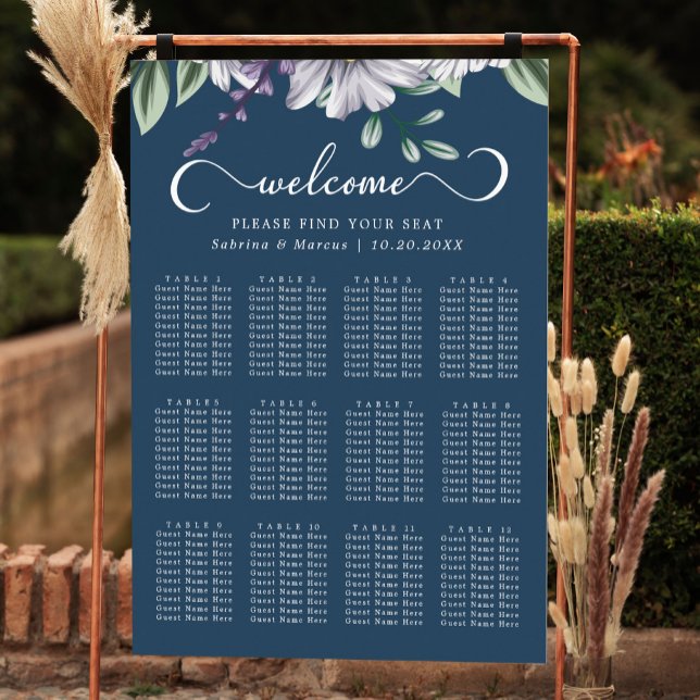 Poster Carte de siège du Mariage de script floral bleu ma (Créateur téléchargé)