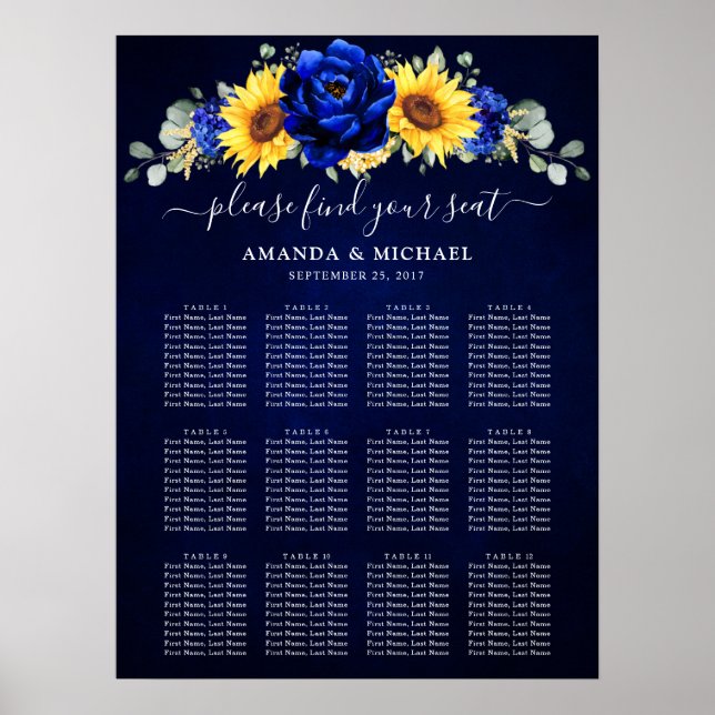 Poster Carte de siège du Mariage de tournesol Royal Blue  (Devant)