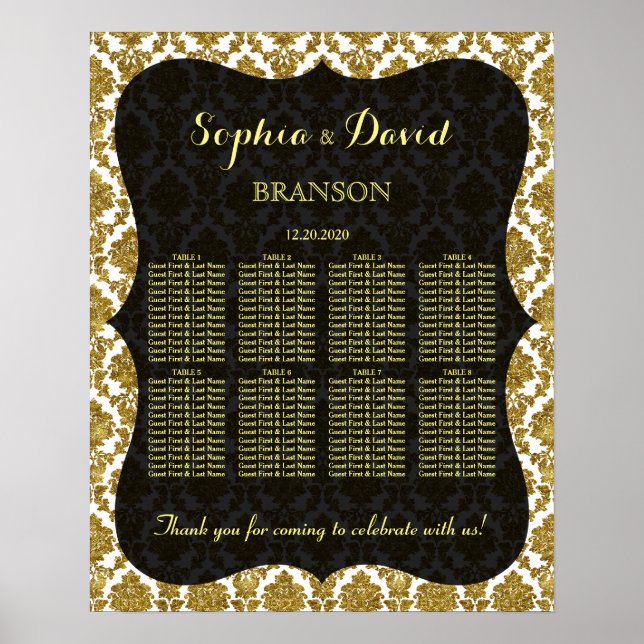 Poster Carte de siège en or glamour Mariage damassé (Devant)
