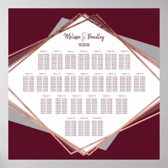 Poster Carte de siège géométrique rose Gold Burgundy Grey (Devant)