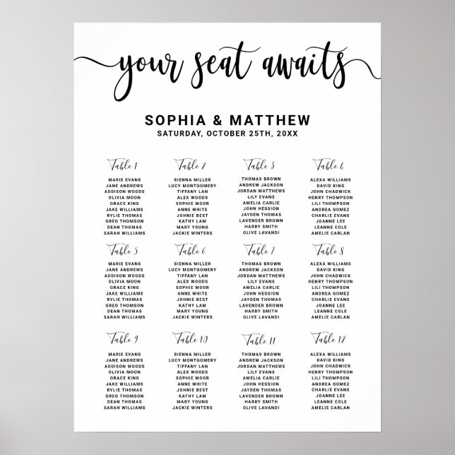 Poster Carte de siège Mariage à lettres à la main moderne (Devant)