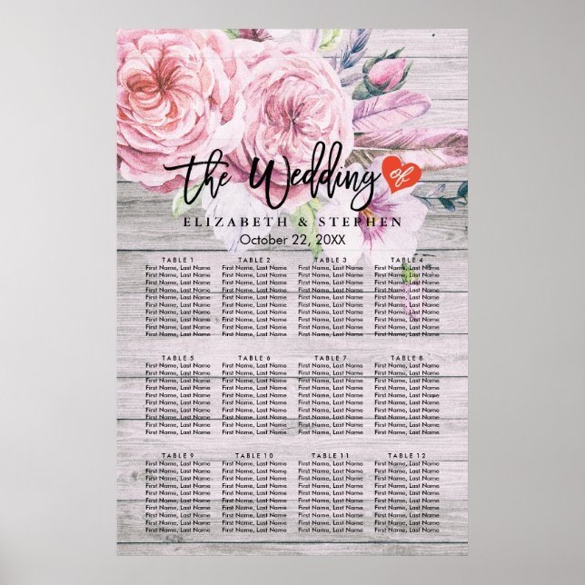 Poster Carte de siège mariage Aquarelle Boho Floral Wood (Devant)