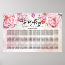 Poster Carte de siège mariage Aquarelle Floral & Feathers