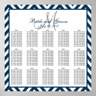 Poster Carte de siège Mariage bleu Chevron de la Marine 1