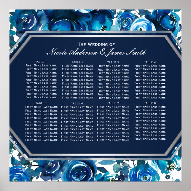Poster Carte de siège Mariage bleu Indigo Floral Flowers (Devant)