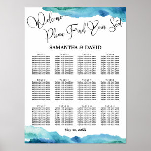 Poster Carte de siège Mariage bleu vert Aqua Aquarelle
