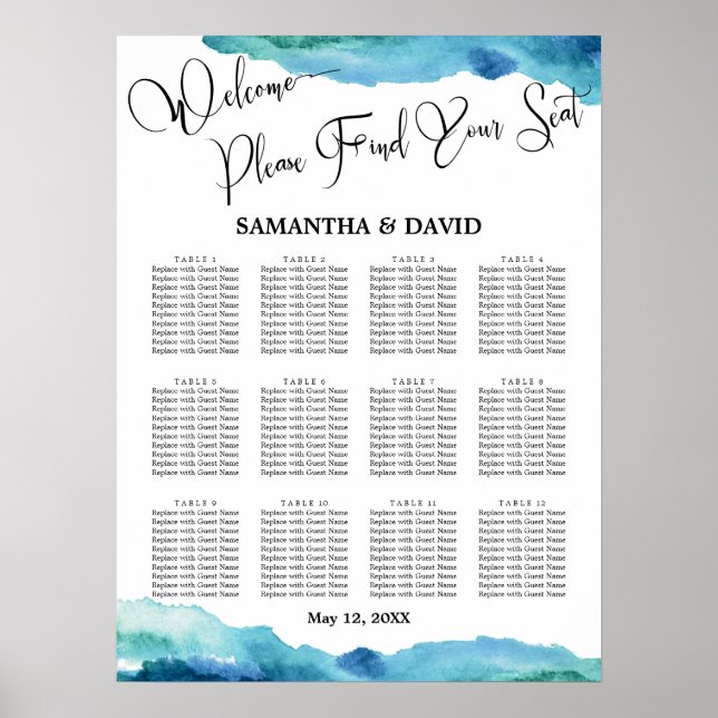 Poster Carte de siège Mariage bleu vert Aqua Aquarelle (Devant)