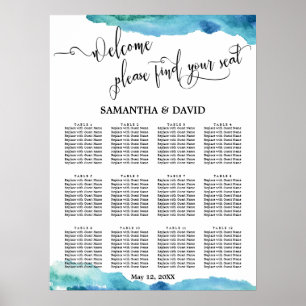 Poster Carte de siège Mariage bleu vert Aqua Aquarelle
