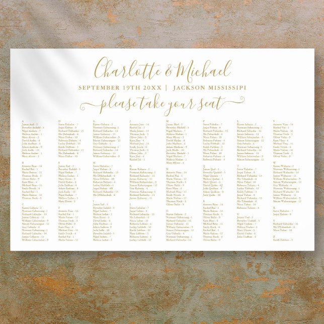 Poster Carte de siège Mariage Chic Gold 300 Names (Chic Gold 300 Names Wedding Seating Chart)