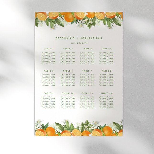 Poster Carte de siège Mariage d'aquarelle mandarin orange (Mandarin Orange Watercolor Wedding Seating Chart)