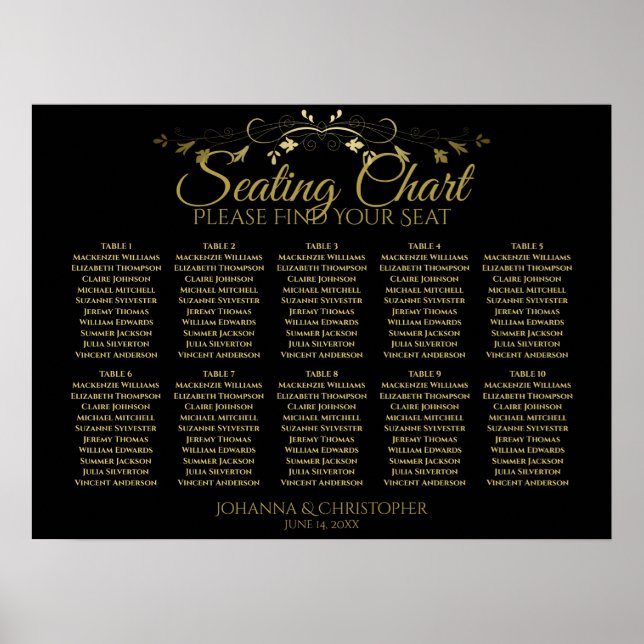 Poster Carte de siège Mariage de 10 tables Gold & Black (Devant)