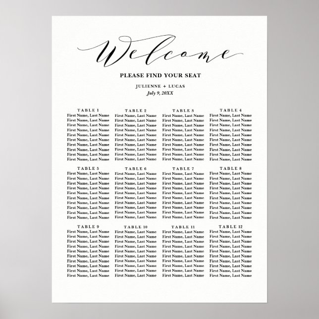 Poster Carte de siège Mariage de calligraphie | Noir (Devant)
