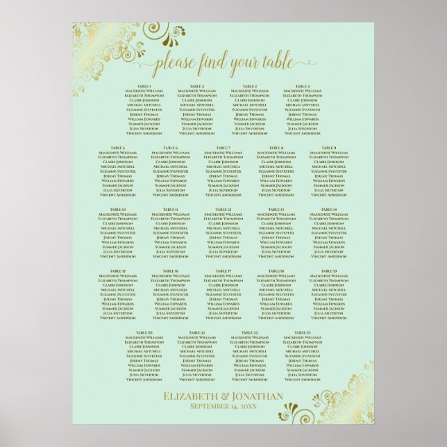 Poster Carte de siège Mariage de table Mint Green & Gold  (Devant)