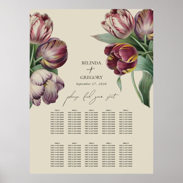 Poster Carte de siège Mariage de tulipes pourpres aquarel (Devant)