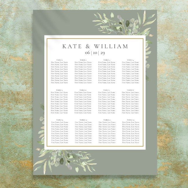 Poster Carte de siège Mariage de verdure d'aquarelle (Watercolor Greenery Sage Wedding Seating Chart)