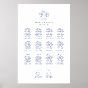 Poster Carte de siège Mariage du monogramme de crête bleu