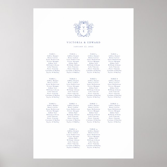 Poster Carte de siège Mariage du monogramme de crête bleu (Devant)