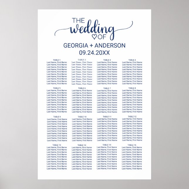 Poster Carte de siège Mariage en calligraphie simple bleu (Devant)
