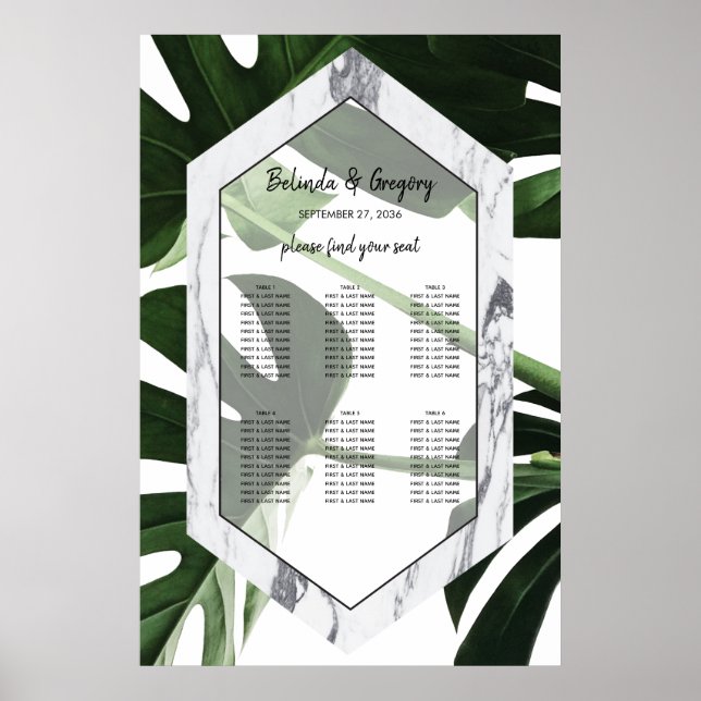 Poster Carte de siège Mariage en marbre de Monstera Tropi (Devant)