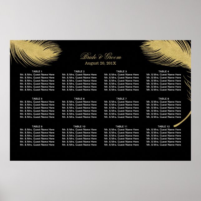 Poster Carte de siège Mariage en plumes or de luxe (Devant)