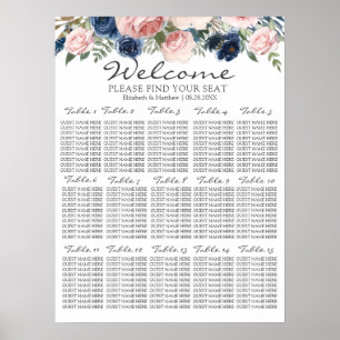 Poster Carte de siège Mariage floral bleu bleu marine