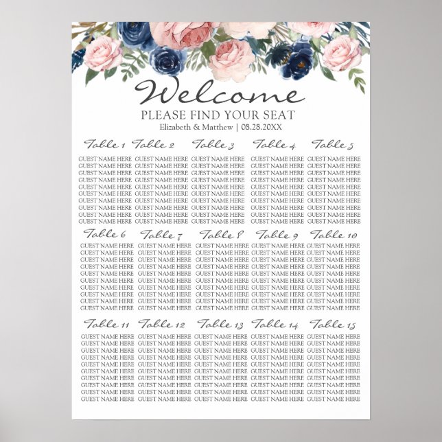 Poster Carte de siège Mariage floral bleu bleu marine (Devant)