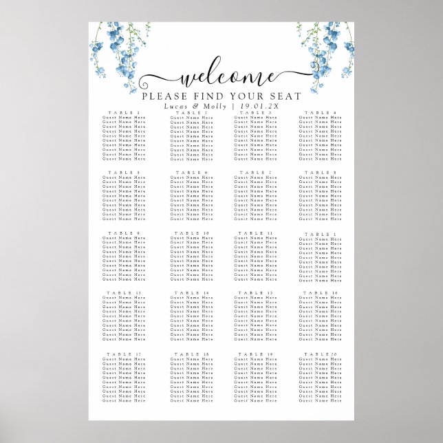 Poster Carte de siège Mariage Floral bleu français modern (Devant)