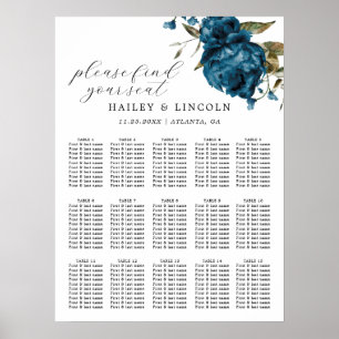 Poster Carte de siège Mariage floral bleu marine