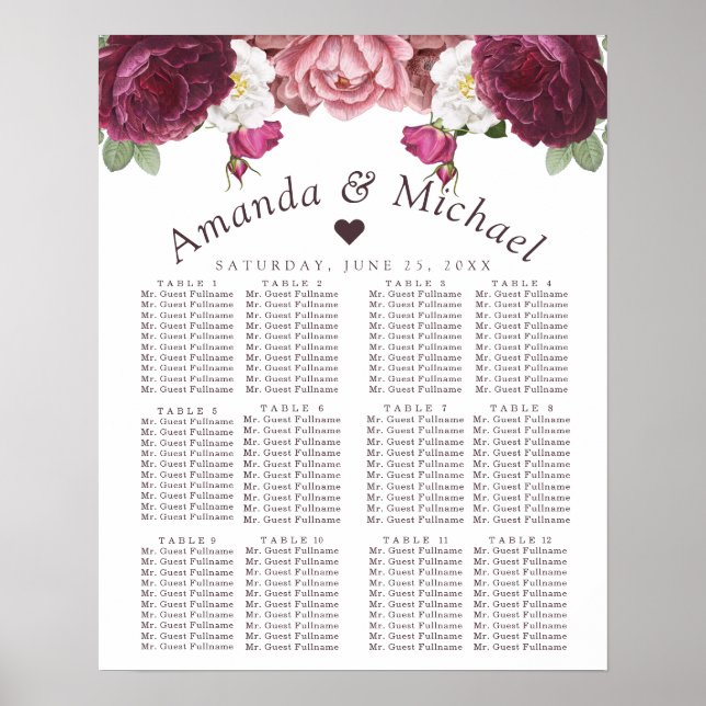Poster Carte de siège Mariage Floral Bourgogne (Devant)