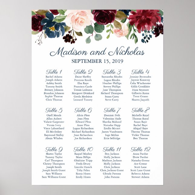Poster Carte de siège Mariage Floral de la Marine Rustiqu (Devant)