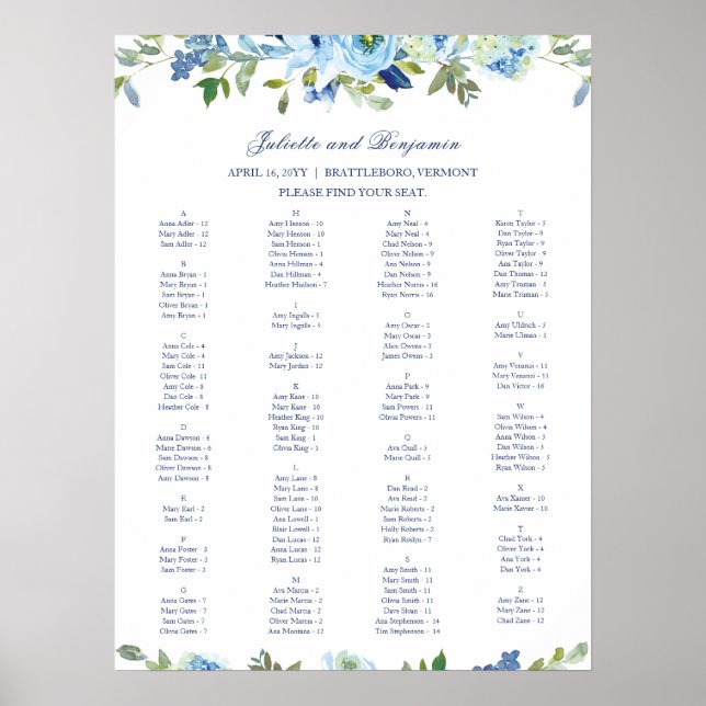 Poster Carte de siège Mariage floral Dusty Blue Navy (Devant)