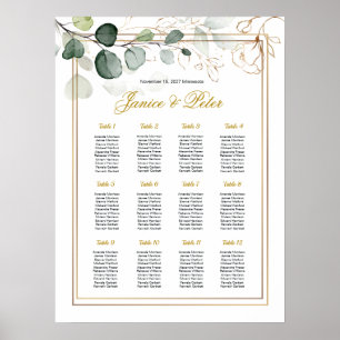 Poster Carte de siège Mariage Floral Or Eucalyptus