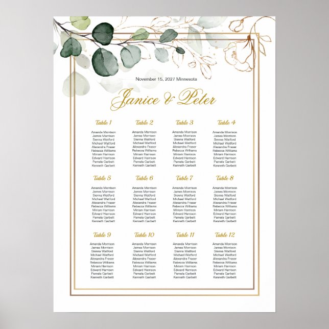 Poster Carte de siège Mariage Floral Or Eucalyptus (Devant)