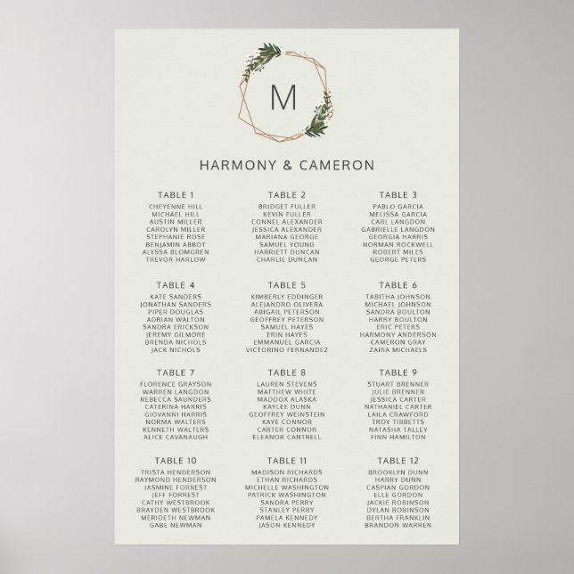 Poster Carte de siège Mariage géométrique Gold Greenery (Devant)