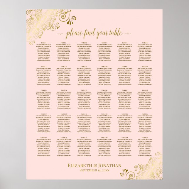 Poster Carte de siège Mariage Gold & Blush Pink 30 Table (Devant)