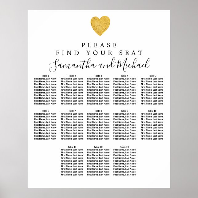 Poster Carte de siège Mariage Gold Foil Heart 13 tables (Devant)