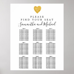 Poster Carte de siège Mariage Gold Foil Heart 9 tables